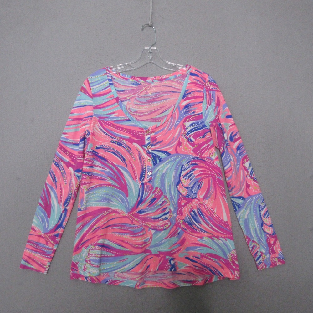 Lilly Pulitzer Top Pink Blue‎ Sorella Henley Pima Cotton Colorful Vibrant Peru